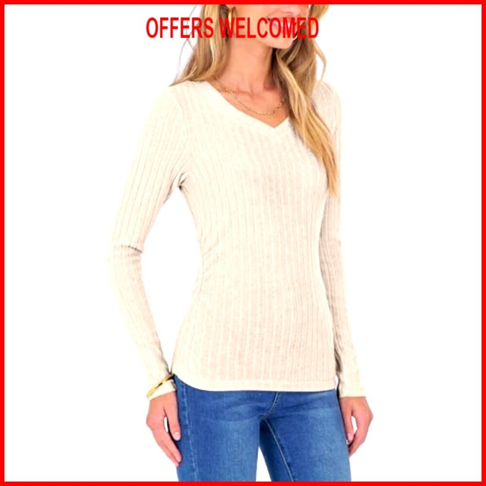 Long Sleeve V Neck Ribbed Knit Slim Fit Lightweight Sweater Tunic Shirt - Picture 4 of 6